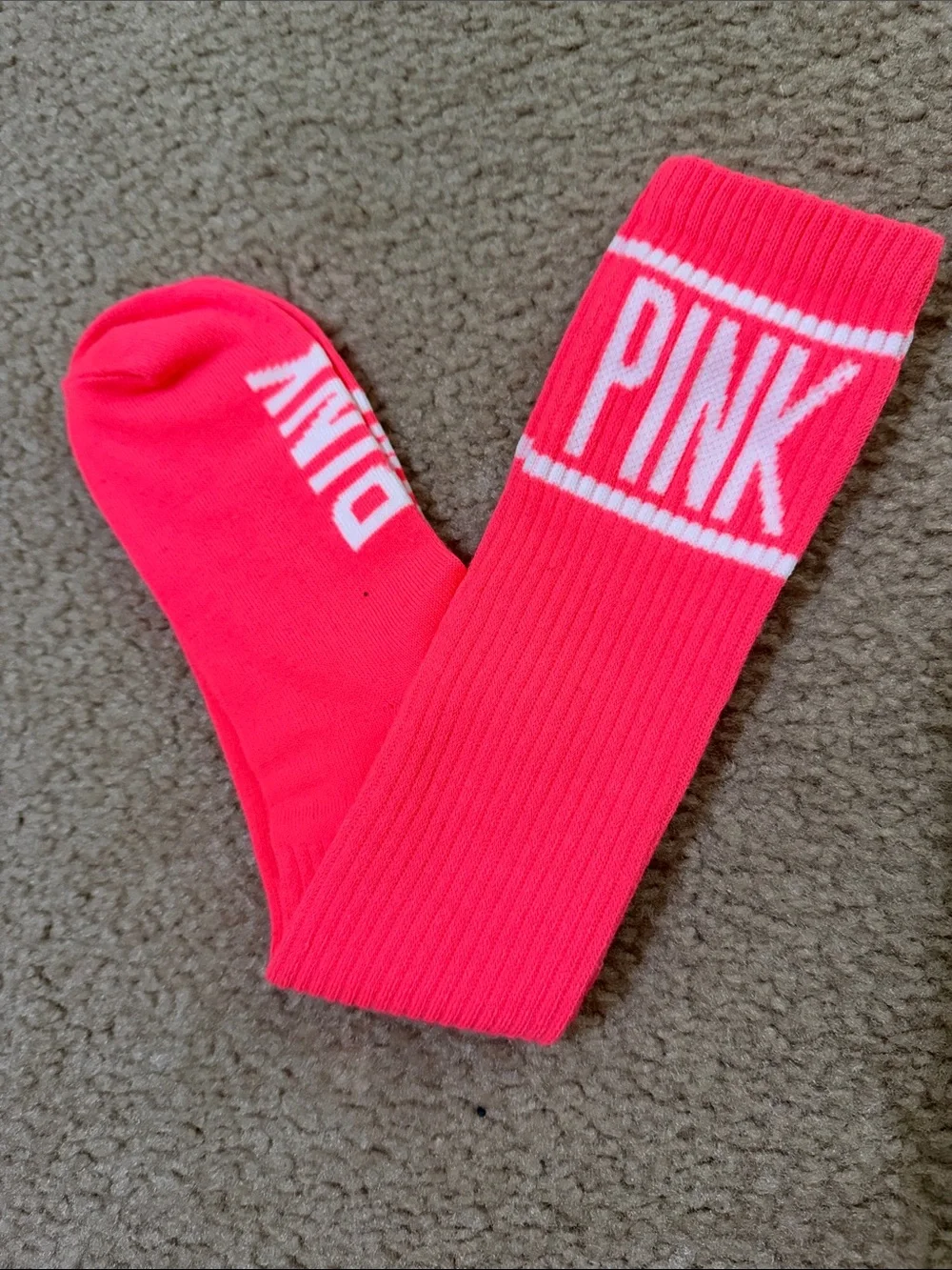PINK Victoria's Secret Neon Coral Athletic Crew Socks with White Logo